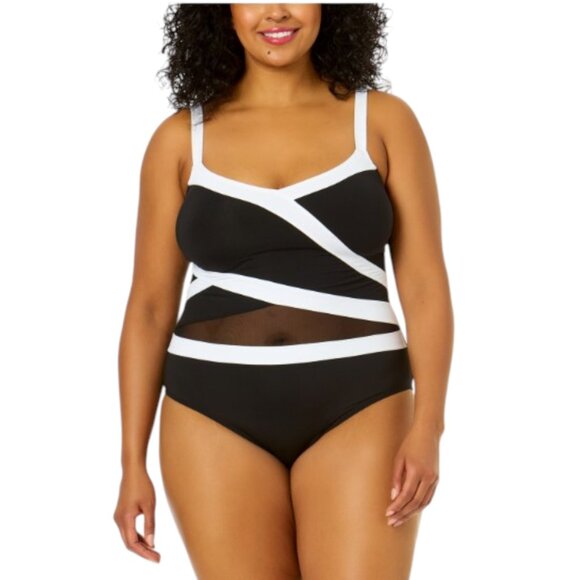 NWT Anne Cole Women's Plus Size Mesh Around Mesh Insert One Piece Swimsuit - Picture 1 of 8